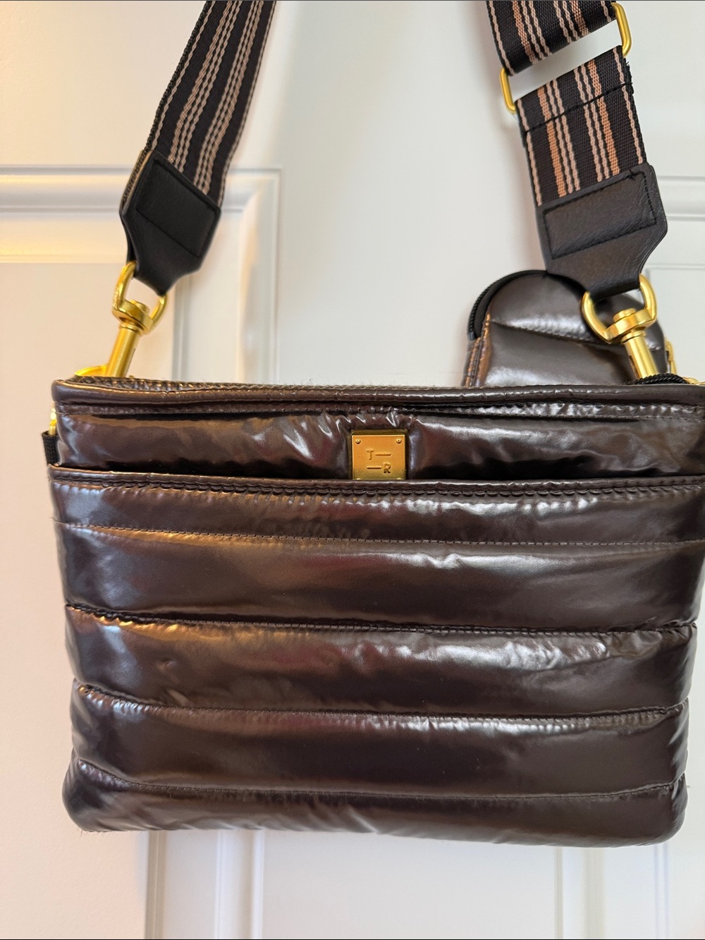 THINK ROYLN Glossy Quilted Dark Brown Crossbody with Gold Hardware
